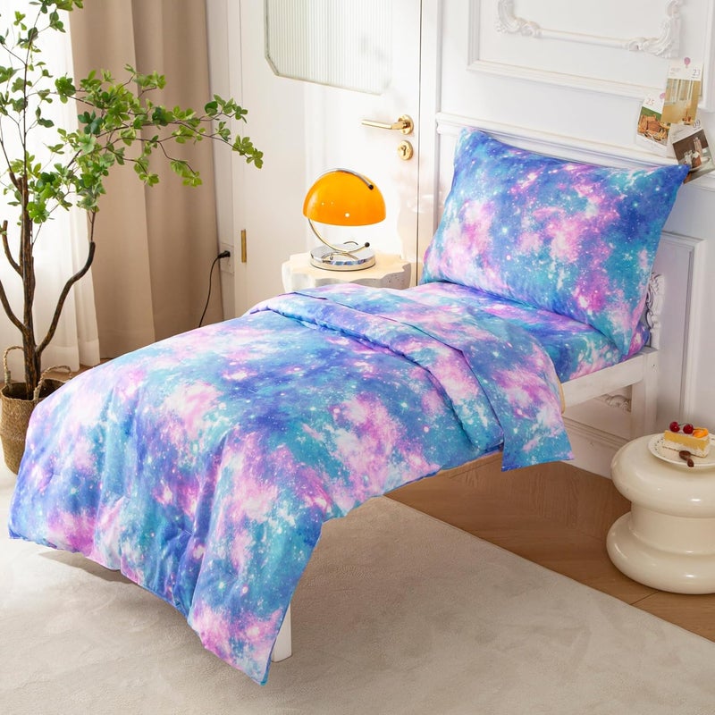 SDIII 4 Piece Colorful Space Toddler Bedding Set, Soft Microfiber Galaxy Toddler Bed Bedding with Comforter, Fitted Sheet, Flat Sheet and Pillowcase - Image 2